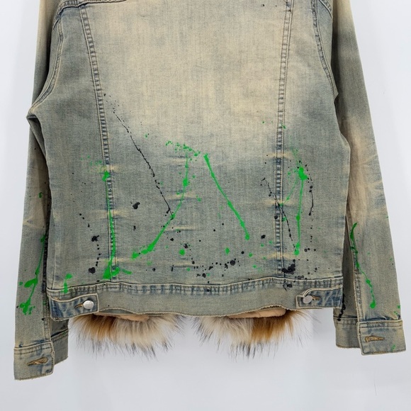 Rockstar Original Fur Trim Denim Paint Splatter Hooded Jean Jacket L - Picture 15 of 16